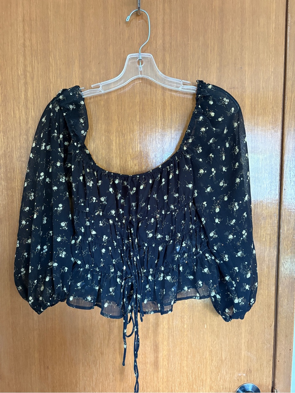 Black Floral Peasant Blouse with Drawstring